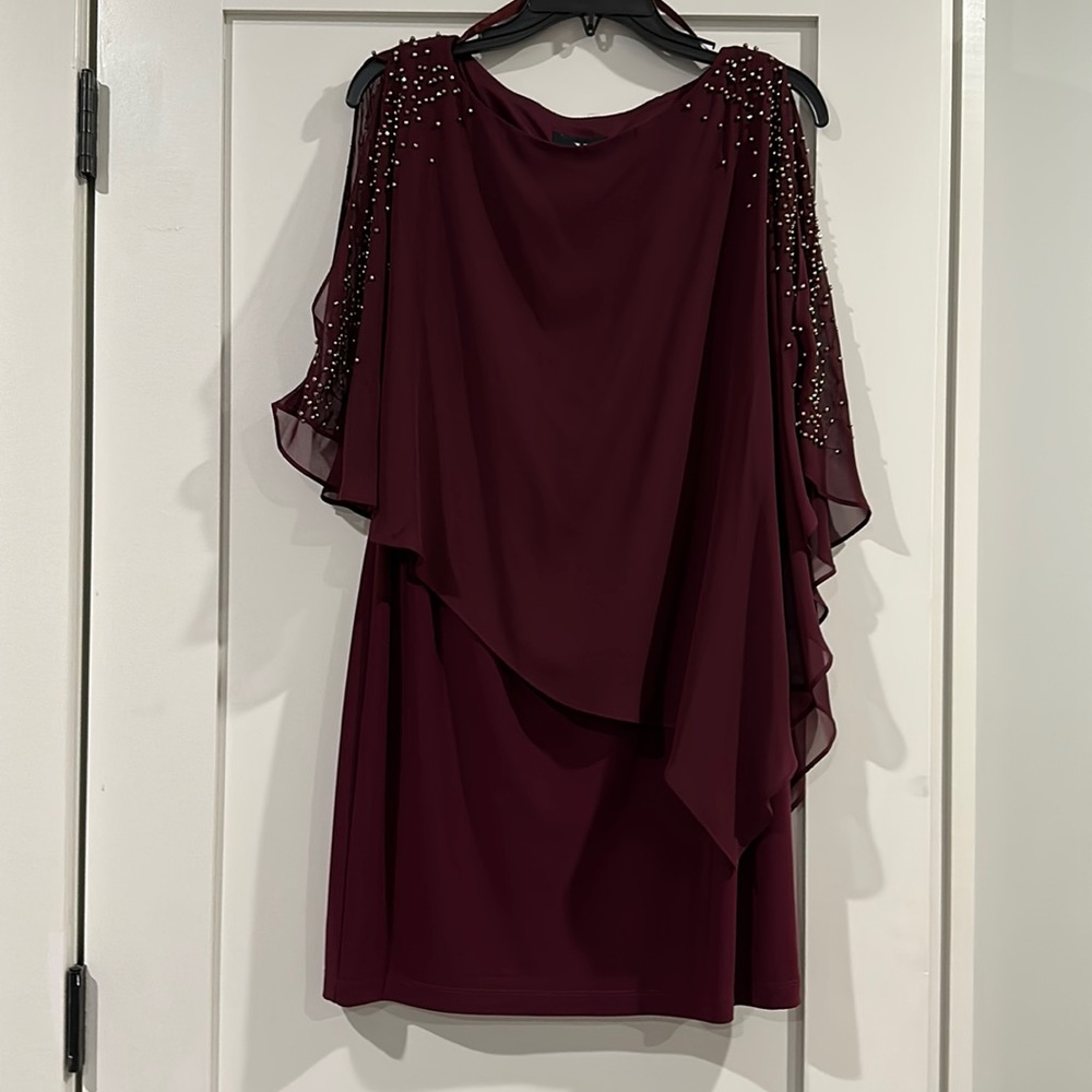 X BY XSCAPE Womens Burgundy Cape Overlay Sleeveless Short Party Sheath Dress